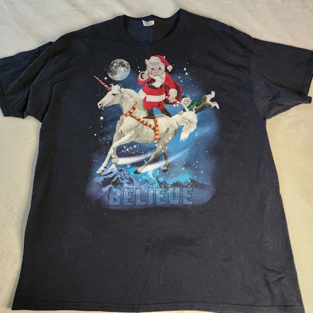 Dec. 25th Believe Santa Cat Riding a Unicorn Black Tshirt Size 2XL